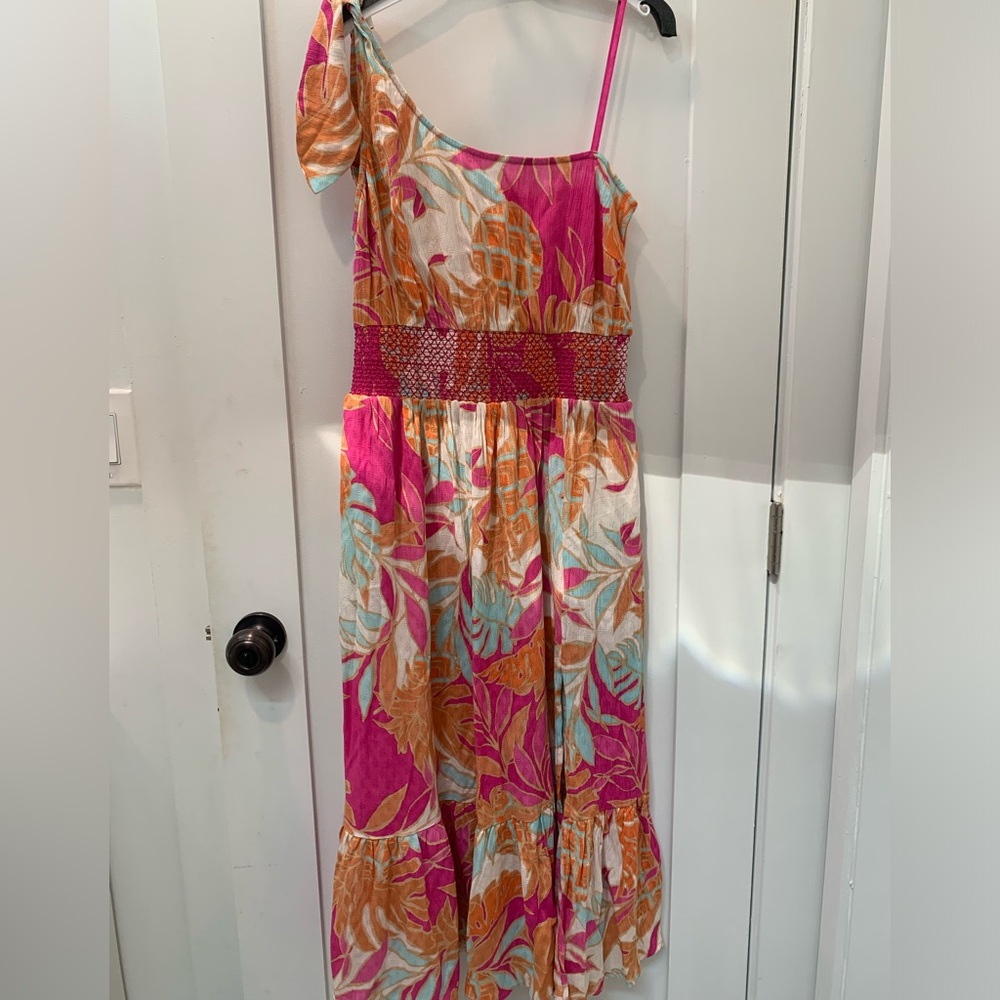 Band of free  Long Maxi Summer flower off one shoulder pink multi dress medium
